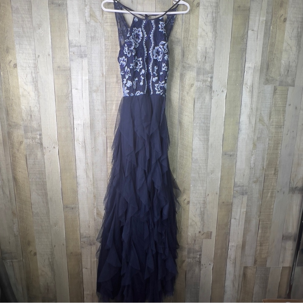 Teeze Me Size 13 Floral Embroidered Layered Tull Belted Halter Neck Evening Gown